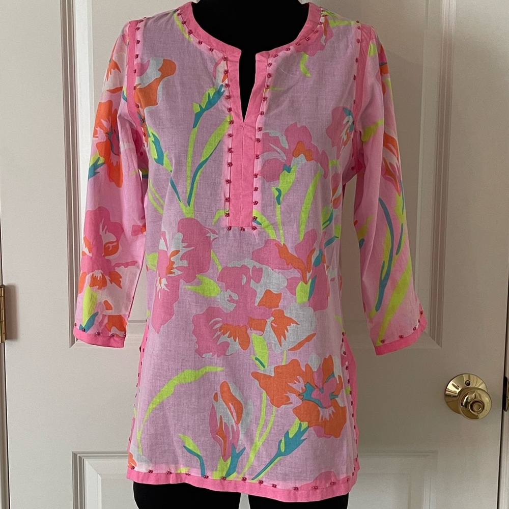 NWT! Gretchen Scott Tuemii embellished tunic, iconic Iris pale pink. Size XS